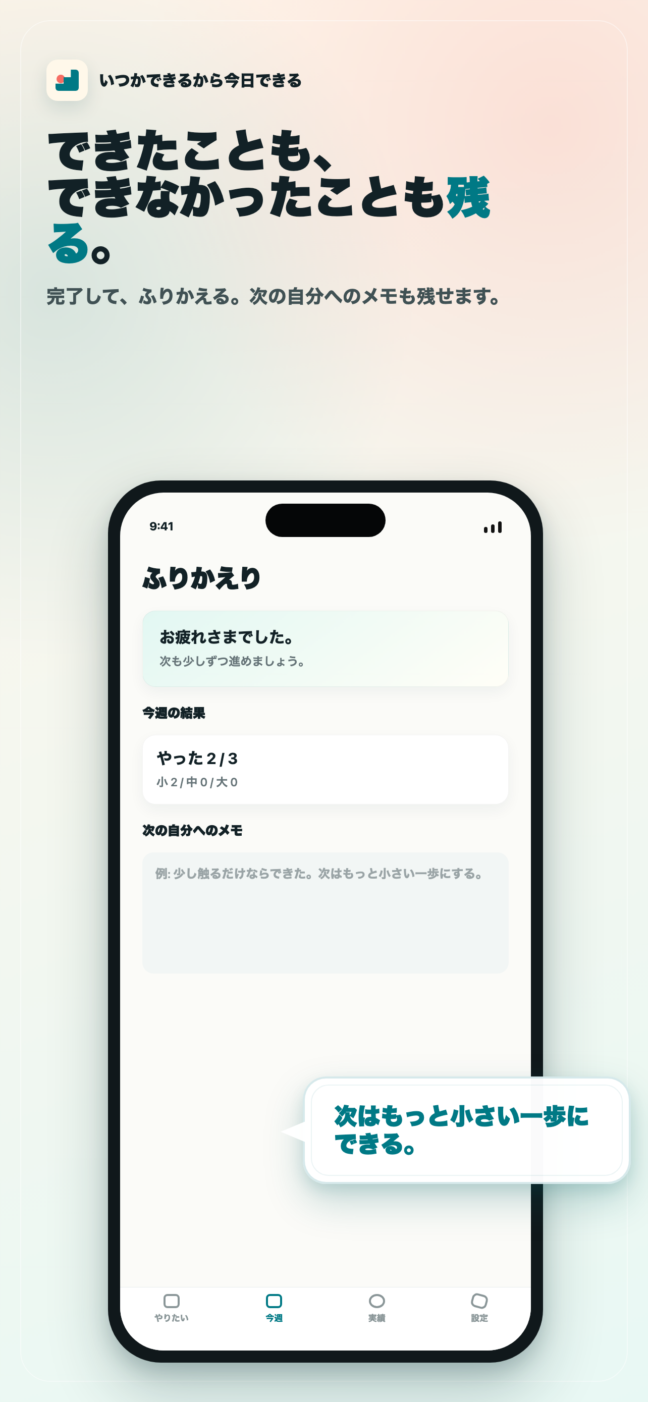 いつかできるから今日できるのふりかえり画面